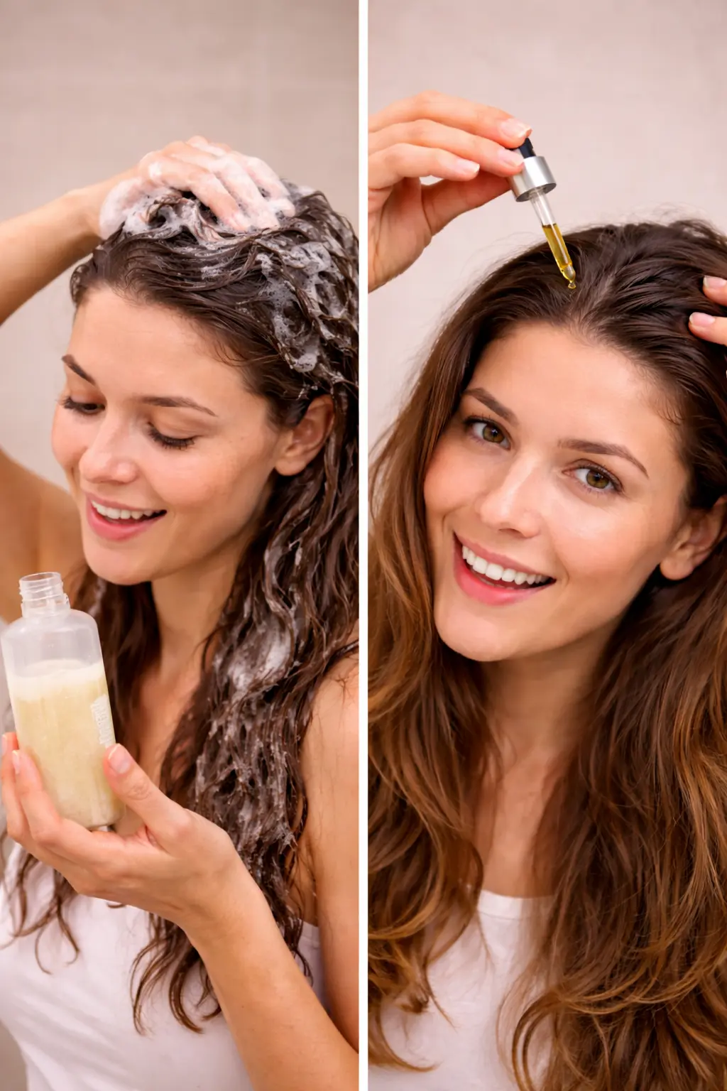 Healthy hair care routine with shampoo and hair oil application