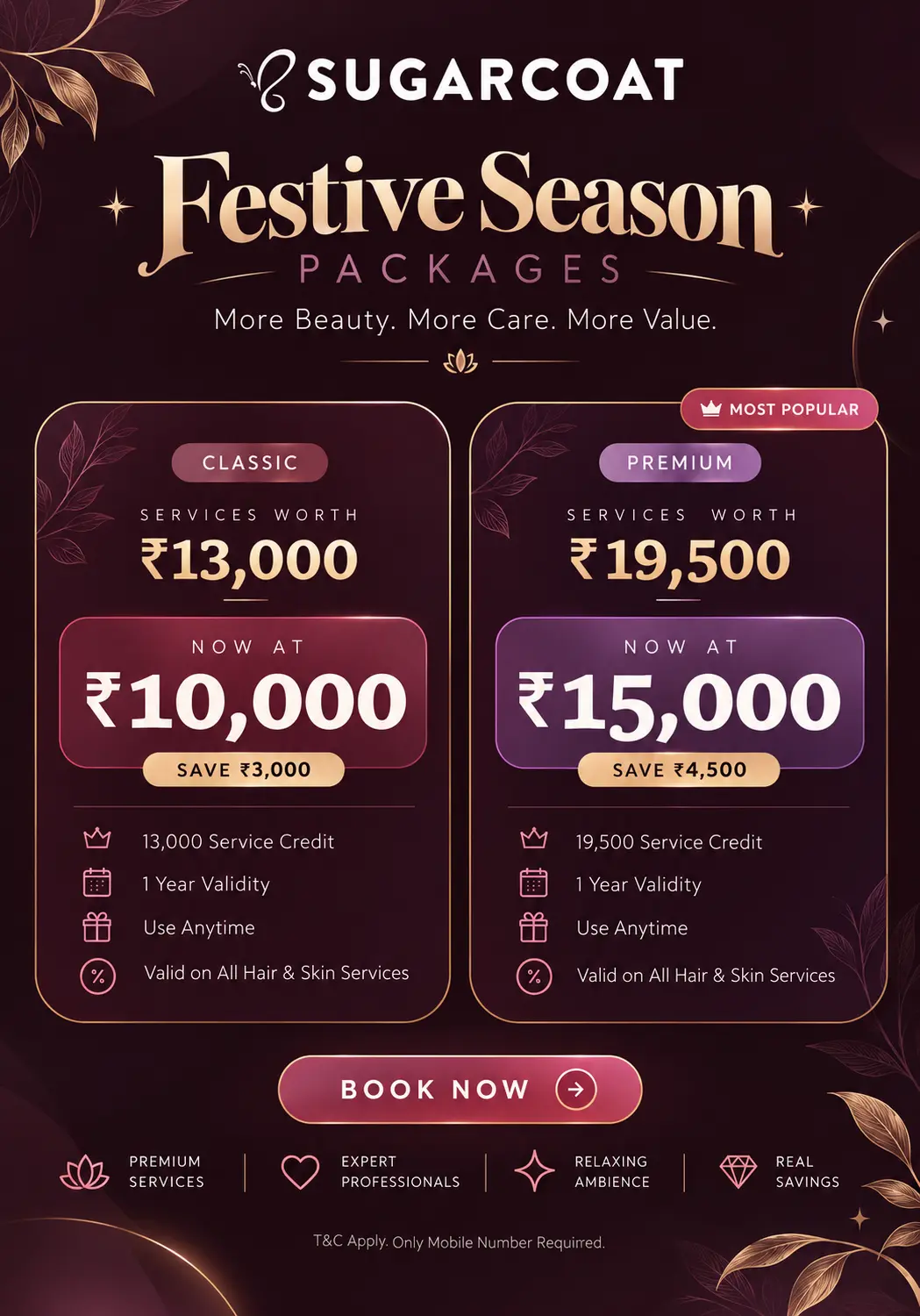 Festive season salon packages at Sugarcoat Salon Hennur Bangalore with ₹10,000 and ₹15,000 service credit packages