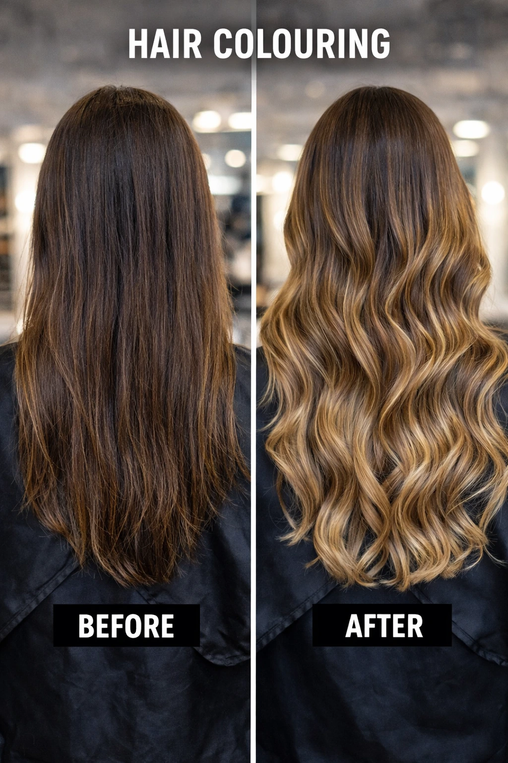 Hair colouring before and after result showing balayage and smooth finish in Hennur Road Bangalore