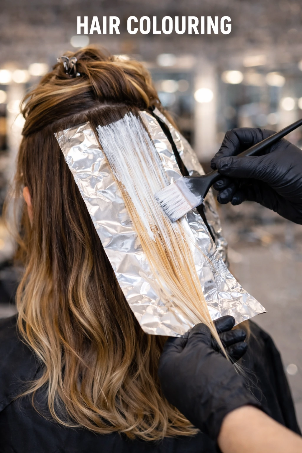 Hair colouring process with highlights and foil application at a salon in Hennur Road Bangalore