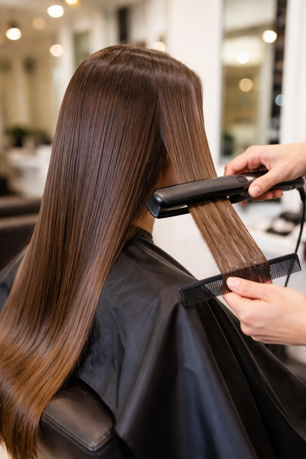 Keratin hair treatment process using flat iron to smooth and straighten hair in Hennur Road Bangalore